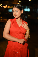 Load image into Gallery viewer, Red Button-Down Midi Dress – Chic and Effortless Style