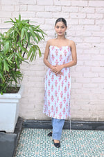 Load image into Gallery viewer, White Floral Print Spaghetti Strap slaveless Kurta