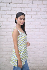 Load image into Gallery viewer, Summer Vibes White slaveless Spaghetti Top with Yellow flower like petals