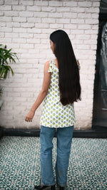 Load image into Gallery viewer, Summer Vibes White slaveless Spaghetti Top with Yellow flower like petals