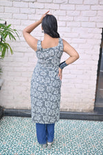 Load image into Gallery viewer, Grey Floral Printed Sleeveless Kurta with Square Neckline