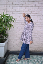 Load image into Gallery viewer, Elegant Black & White Floral Printed Peplum Top with Full Sleeves