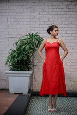 Load image into Gallery viewer, Elegant Red Spaghetti Strap Sweetheart Fit and Side Flare Neckline A-Line Midi Dress