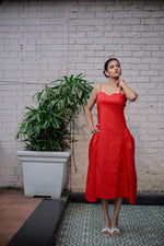 Load image into Gallery viewer, Elegant Red Spaghetti Strap Sweetheart Fit and Side Flare Neckline A-Line Midi Dress