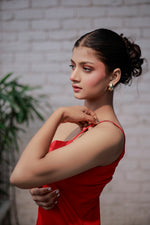 Load image into Gallery viewer, Elegant Red Spaghetti Strap Sweetheart Fit and Side Flare Neckline A-Line Midi Dress