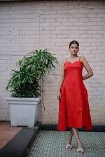 Load image into Gallery viewer, Elegant Red Spaghetti Strap Sweetheart Fit and Side Flare Neckline A-Line Midi Dress
