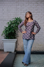 Load image into Gallery viewer, Grey Cotton Kurti Top with All-Over White Floral Motif Print and Full Sleeves – Elegant Ethnic Casual Wear