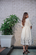 Load image into Gallery viewer, Women's Ivory White Cotton Dress with Black Lace V-Neck, Puff Sleeves, Embroidered Detailing & Flared Fit – Elegant Casual & Semi-Formal Wear