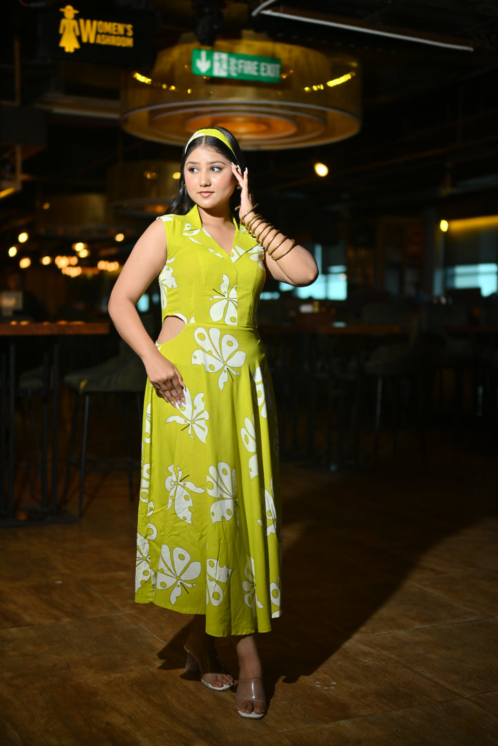 Lime Green Butterfly Print Sleeveless Midi Dress with V-Neckline with Scraf