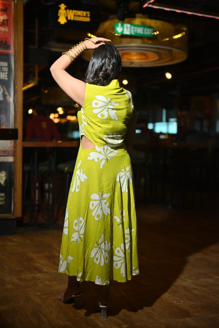 Lime Green Butterfly Print Sleeveless Midi Dress with V-Neckline with Scraf