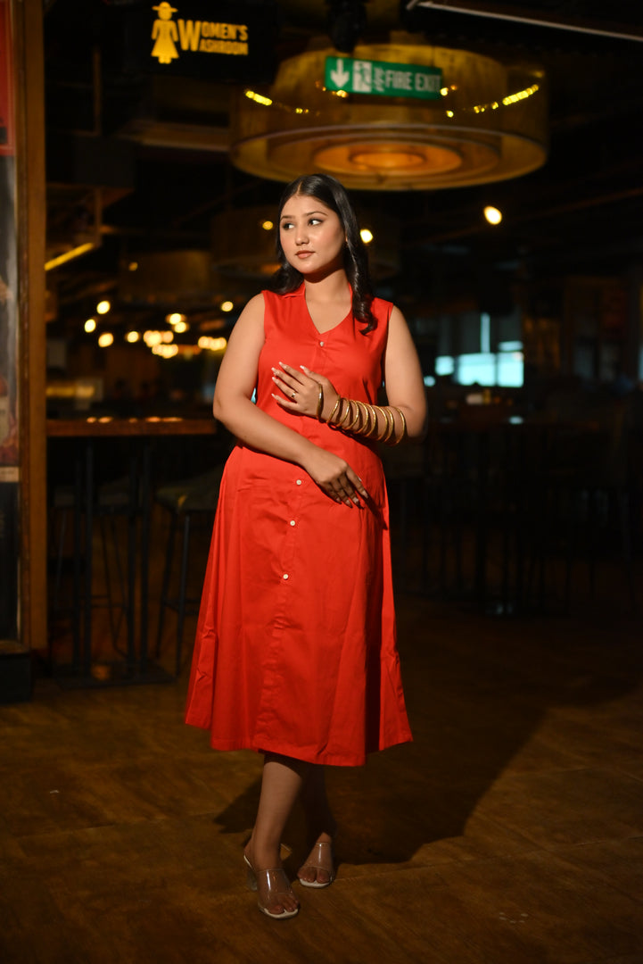 Red Button-Down Midi Dress – Chic and Effortless Style