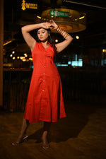 Load image into Gallery viewer, Red Button-Down Midi Dress – Chic and Effortless Style
