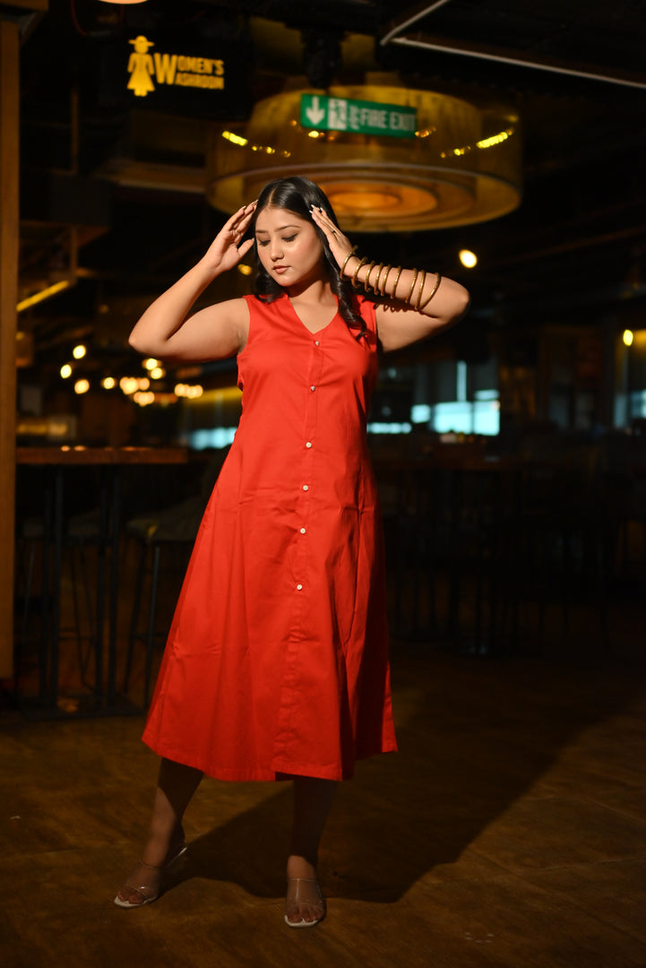 Red Button-Down Midi Dress – Chic and Effortless Style