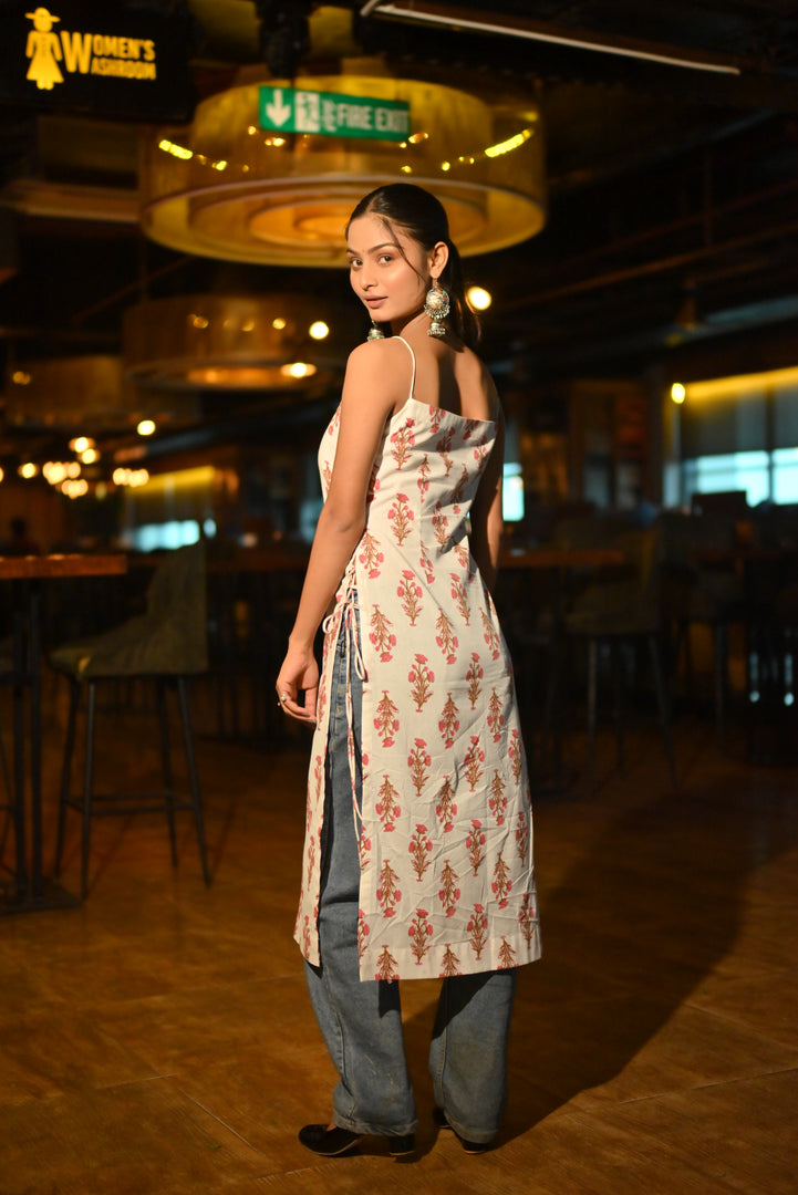 White Floral Print Spaghetti Strap slaveless Kurta