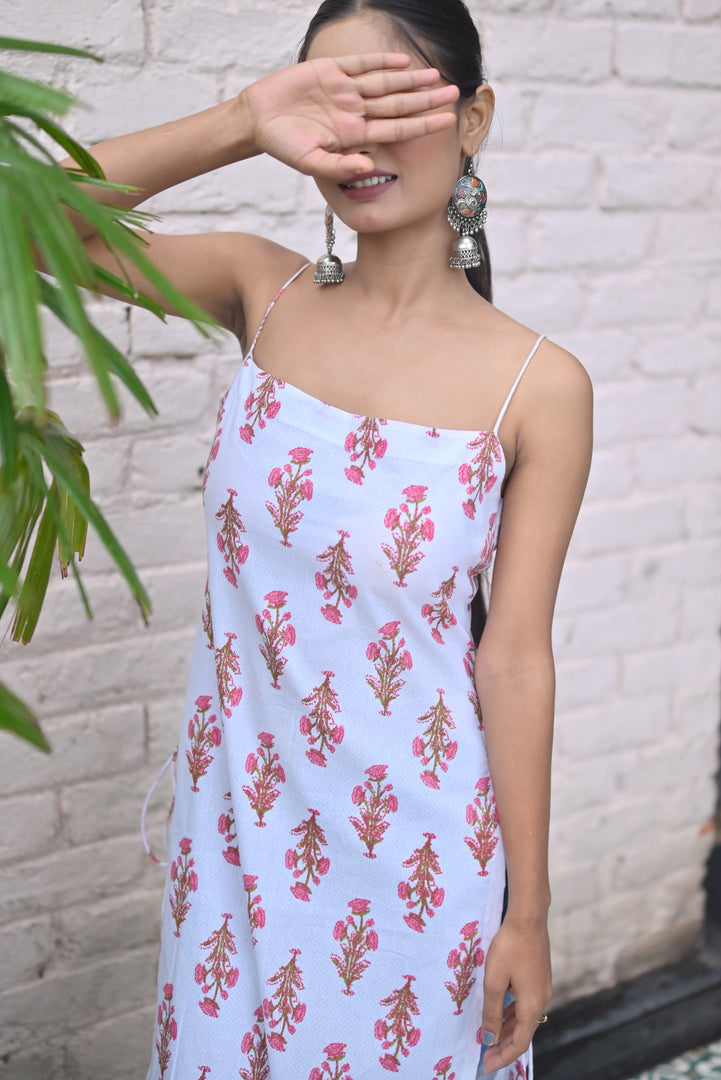 White Floral Print Spaghetti Strap slaveless Kurta