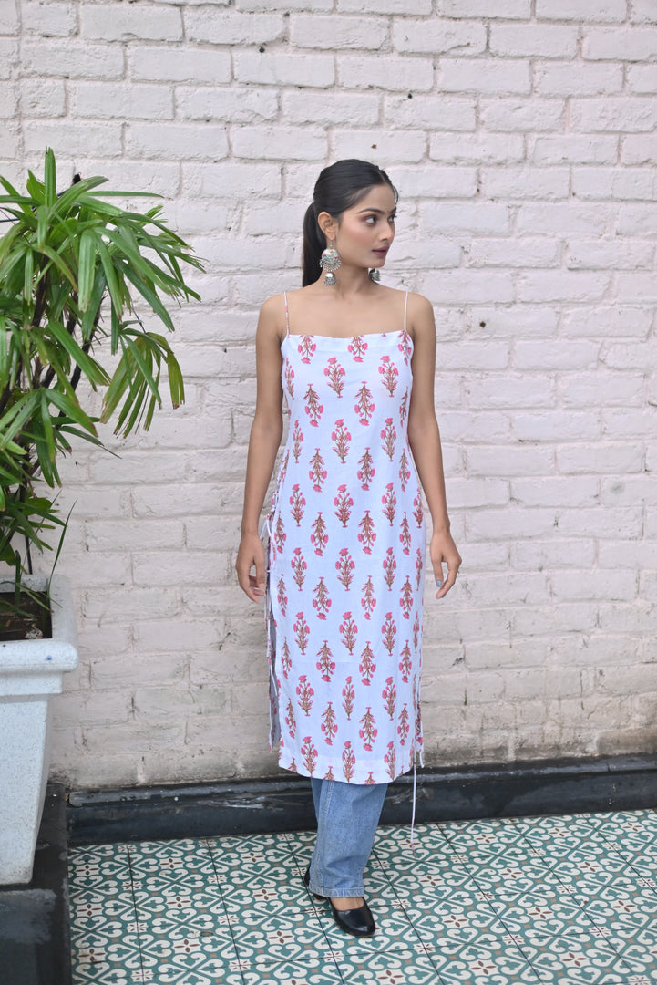 White Floral Print Spaghetti Strap slaveless Kurta