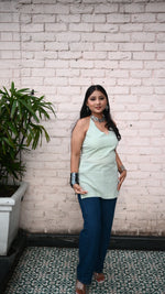 Load image into Gallery viewer, Mint Green Spaghetti Strap slaveless Halter Neck Geometric Print Top
