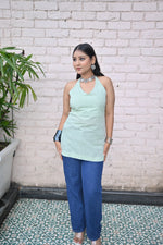 Load image into Gallery viewer, Mint Green Spaghetti Strap slaveless Halter Neck Geometric Print Top
