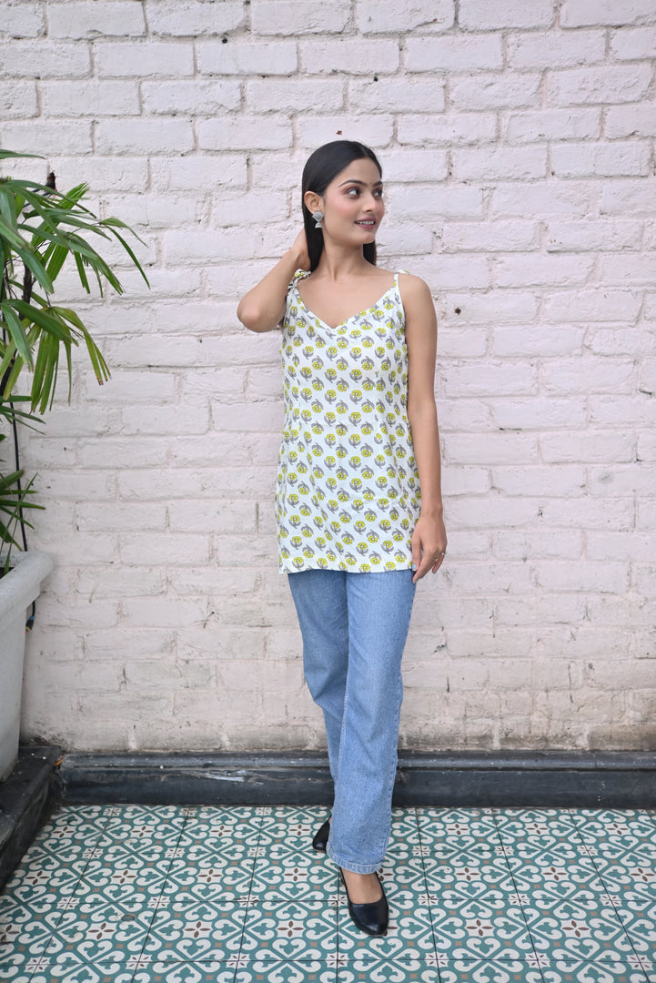 Summer Vibes White slaveless Spaghetti Top with Yellow flower like petals