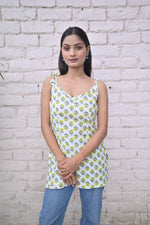 Load image into Gallery viewer, Summer Vibes White slaveless Spaghetti Top with Yellow flower like petals
