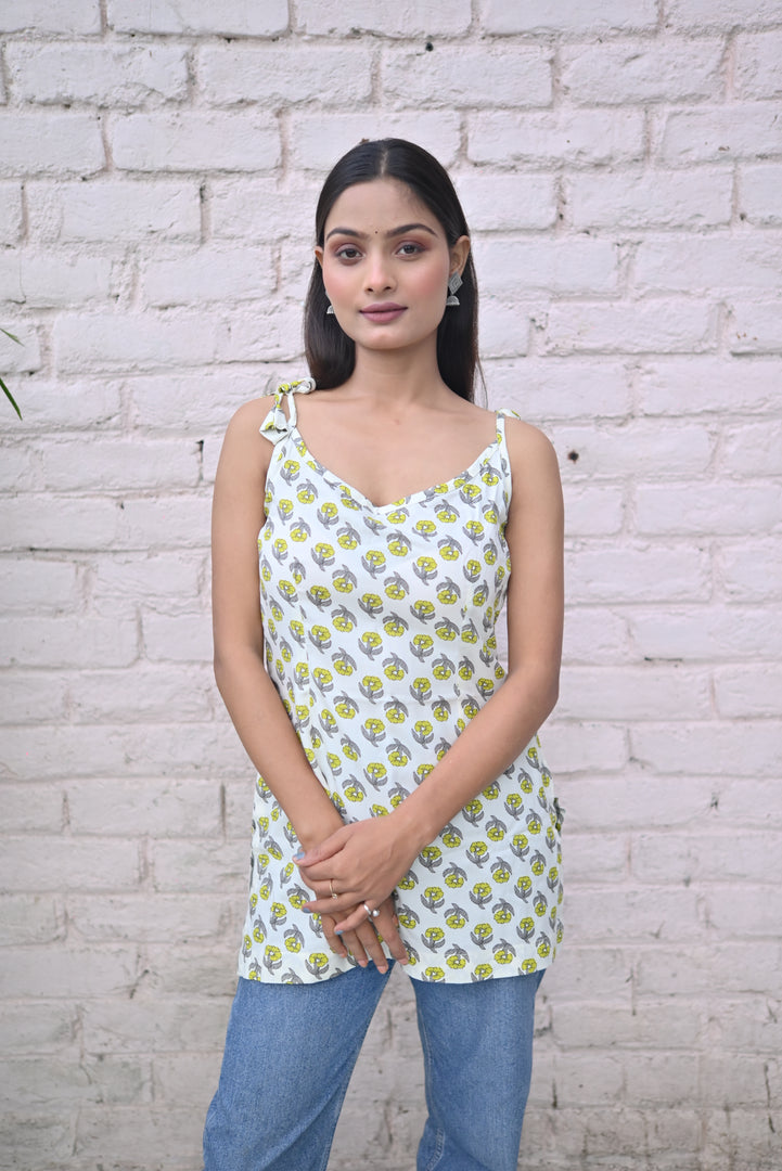 Summer Vibes White slaveless Spaghetti Top with Yellow flower like petals