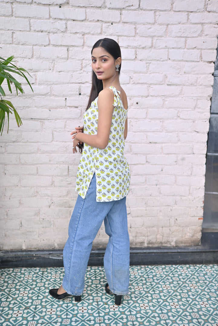 Summer Vibes White slaveless Spaghetti Top with Yellow flower like petals