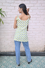 Load image into Gallery viewer, Summer Vibes White slaveless Spaghetti Top with Yellow flower like petals
