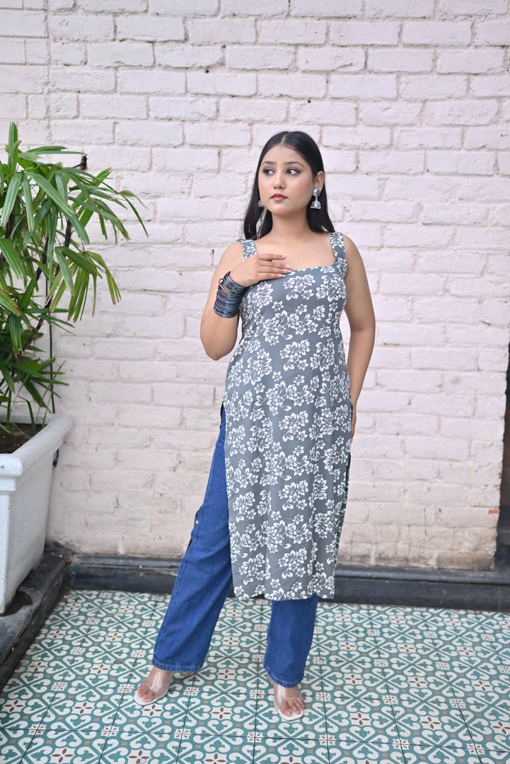 Grey Floral Printed Sleeveless Kurta with Square Neckline