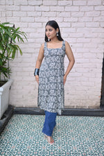 Load image into Gallery viewer, Grey Floral Printed Sleeveless Kurta with Square Neckline
