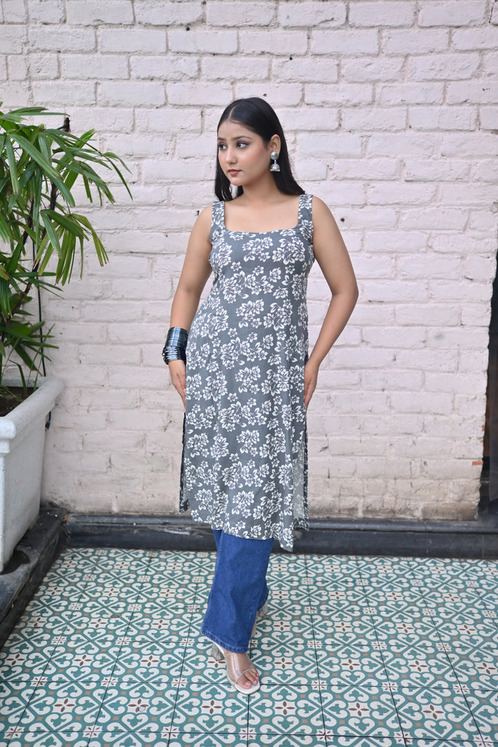 Grey Floral Printed Sleeveless Kurta with Square Neckline
