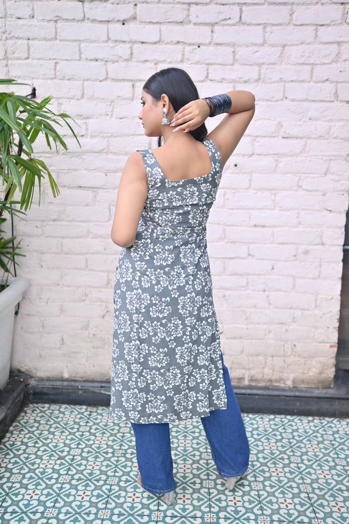 Grey Floral Printed Sleeveless Kurta with Square Neckline