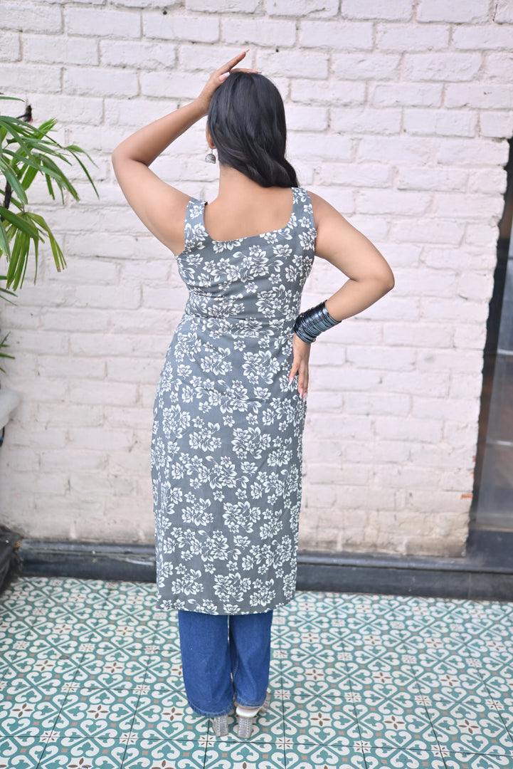 Grey Floral Printed Sleeveless Kurta with Square Neckline