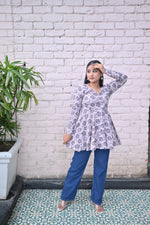 Load image into Gallery viewer, Elegant Black &amp; White Floral Printed Peplum Top with Full Sleeves
