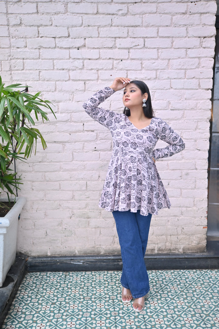 Elegant Black & White Floral Printed Peplum Top with Full Sleeves