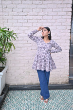 Load image into Gallery viewer, Elegant Black &amp; White Floral Printed Peplum Top with Full Sleeves
