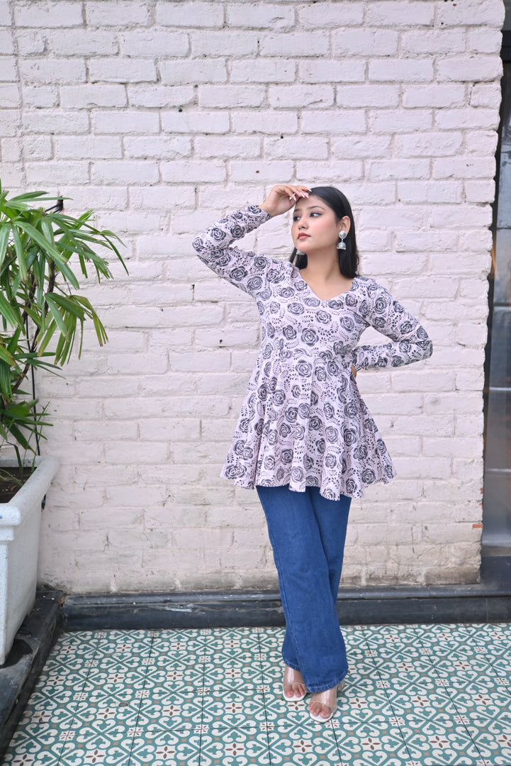 Elegant Black & White Floral Printed Peplum Top with Full Sleeves