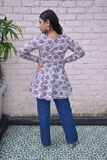 Load image into Gallery viewer, Elegant Black &amp; White Floral Printed Peplum Top with Full Sleeves

