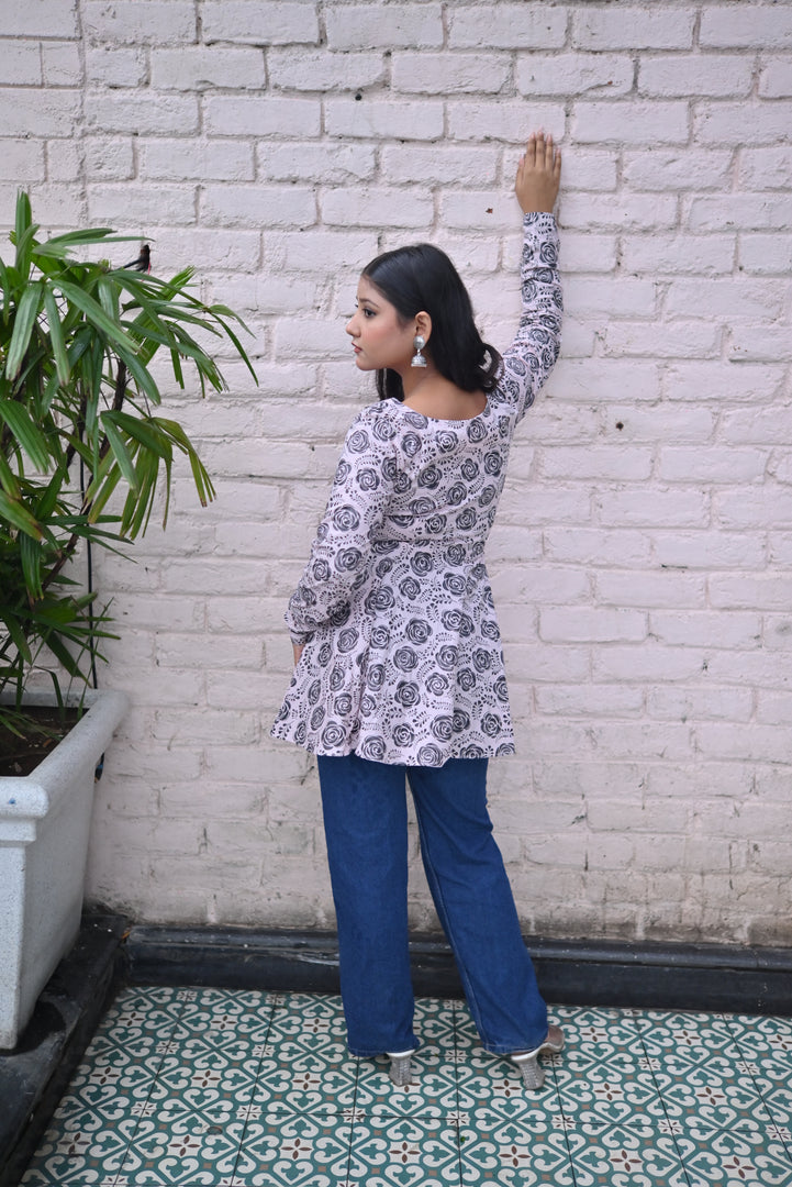 Elegant Black & White Floral Printed Peplum Top with Full Sleeves