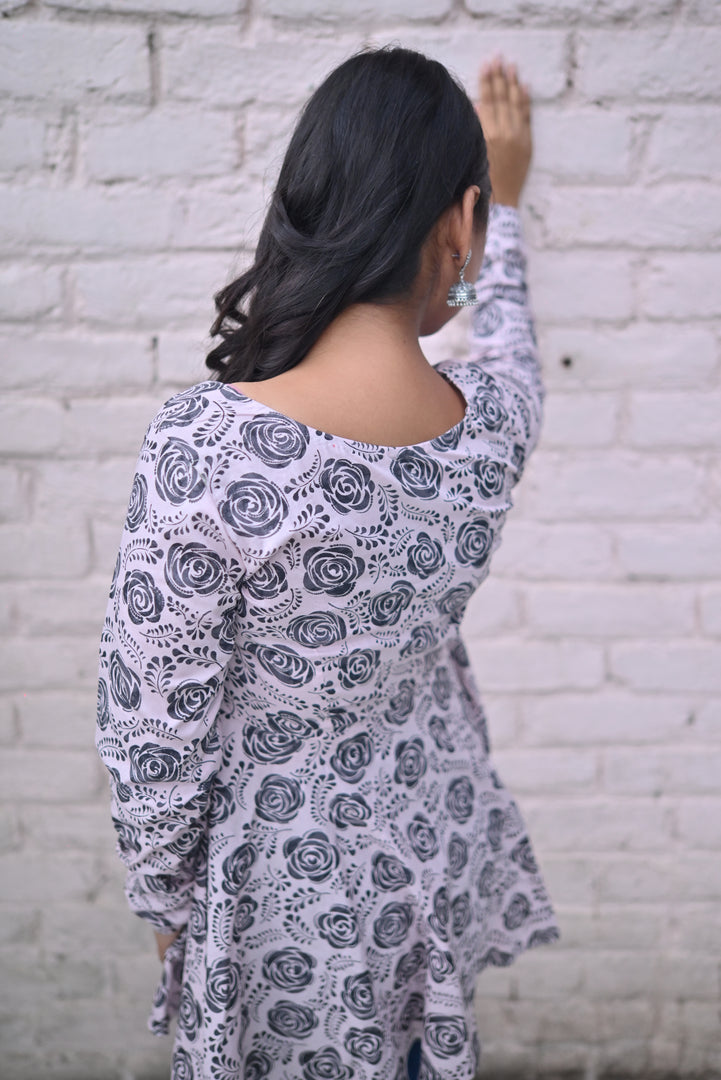 Elegant Black & White Floral Printed Peplum Top with Full Sleeves