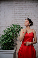 Load image into Gallery viewer, Elegant Red Spaghetti Strap Sweetheart Fit and Side Flare Neckline A-Line Midi Dress
