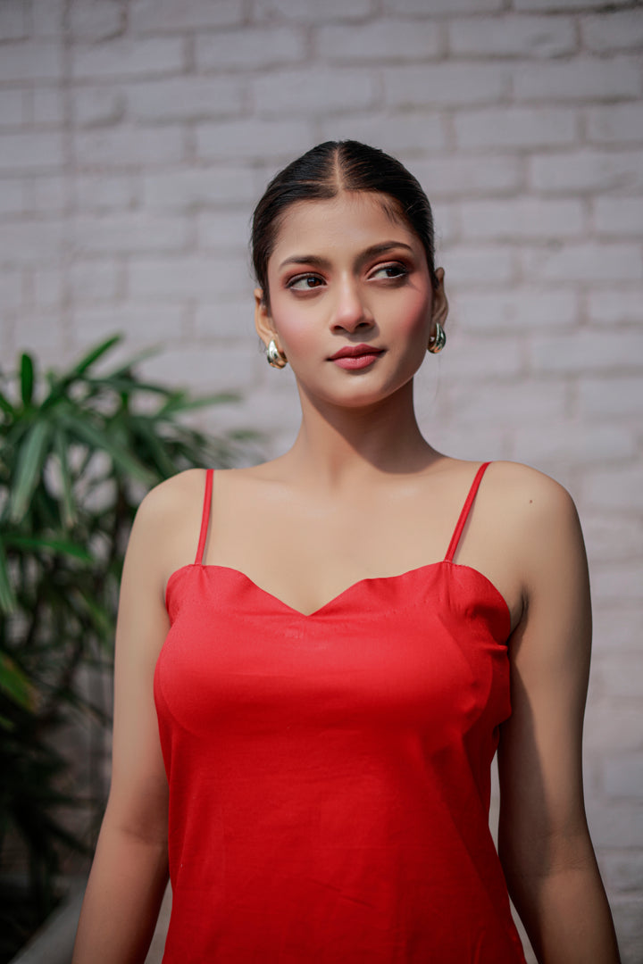 Elegant Red Spaghetti Strap Sweetheart Fit and Side Flare Neckline A-Line Midi Dress