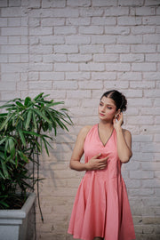 Women’s Peach Halter-Neck Flared Mini Dress | Sleeveless Summer Party Wear | Elegant Casual Outfit with Backless Style | Lightweight & Comfortable Fabric