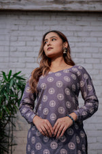 Load image into Gallery viewer, Grey Cotton Kurti Top with All-Over White Floral Motif Print and Full Sleeves – Elegant Ethnic Casual Wear
