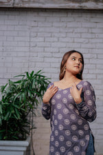 Load image into Gallery viewer, Grey Cotton Kurti Top with All-Over White Floral Motif Print and Full Sleeves – Elegant Ethnic Casual Wear
