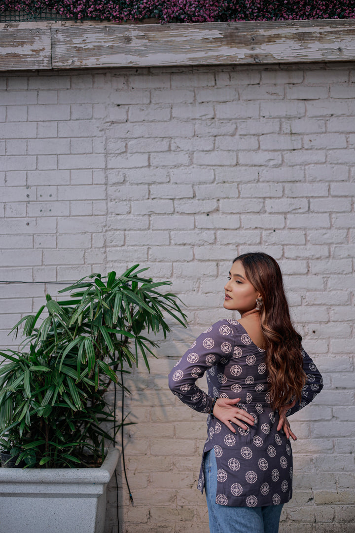 Grey Cotton Kurti Top with All-Over White Floral Motif Print and Full Sleeves – Elegant Ethnic Casual Wear