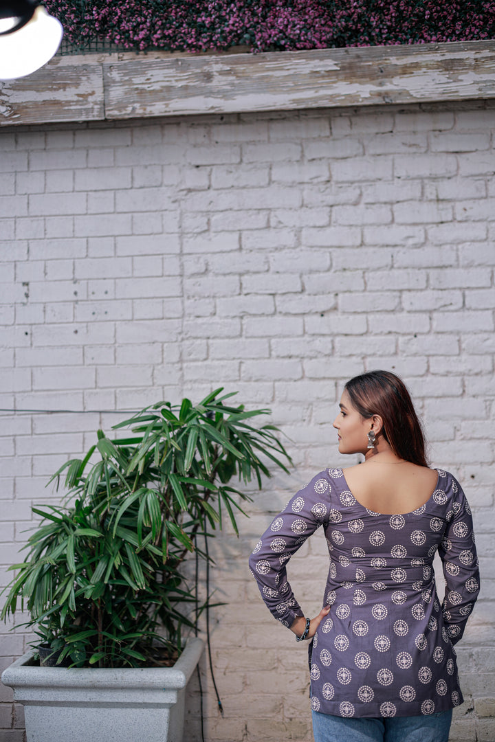 Grey Cotton Kurti Top with All-Over White Floral Motif Print and Full Sleeves – Elegant Ethnic Casual Wear