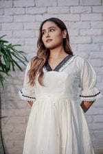 Load image into Gallery viewer, Women&#39;s Ivory White Cotton Dress with Black Lace V-Neck, Puff Sleeves, Embroidered Detailing &amp; Flared Fit – Elegant Casual &amp; Semi-Formal Wear
