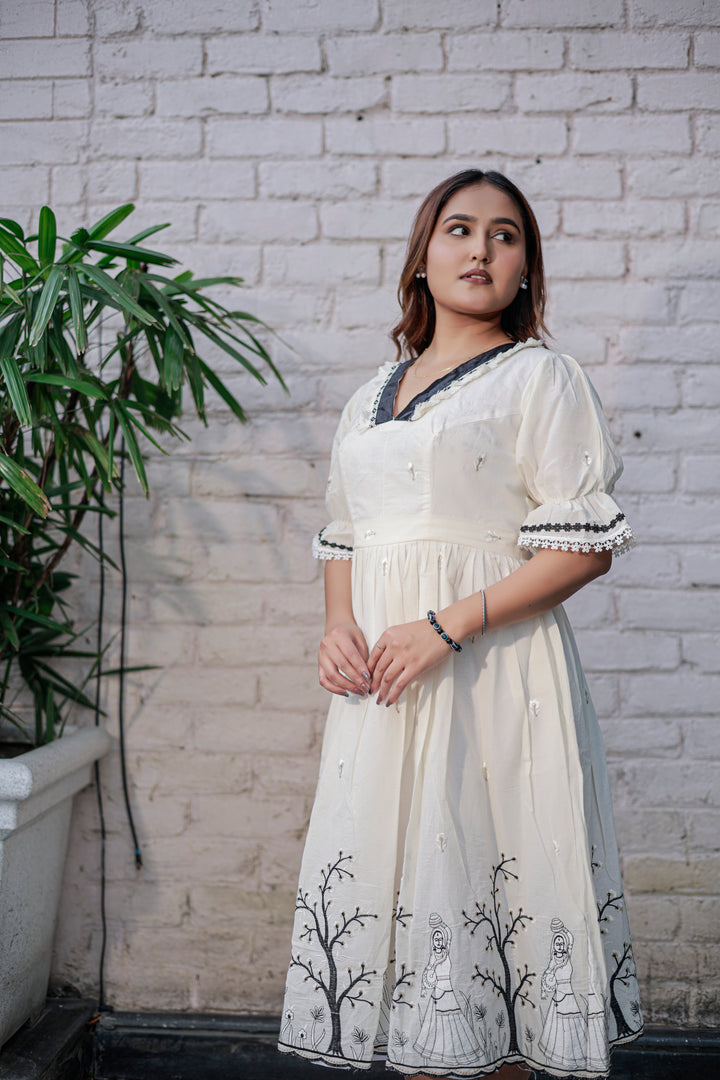 Women's Ivory White Cotton Dress with Black Lace V-Neck, Puff Sleeves, Embroidered Detailing & Flared Fit – Elegant Casual & Semi-Formal Wear