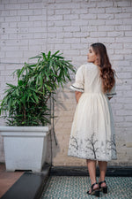 Load image into Gallery viewer, Women&#39;s Ivory White Cotton Dress with Black Lace V-Neck, Puff Sleeves, Embroidered Detailing &amp; Flared Fit – Elegant Casual &amp; Semi-Formal Wear
