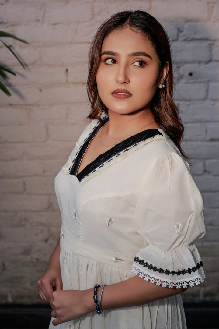 Women's Ivory White Cotton Dress with Black Lace V-Neck, Puff Sleeves, Embroidered Detailing & Flared Fit – Elegant Casual & Semi-Formal Wear